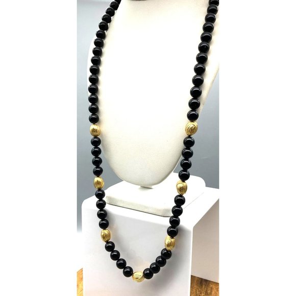 Vintage Black Lucite Necklace with Textured Gold Tone Bead Spacers, Chic Classic - Picture 3 of 4